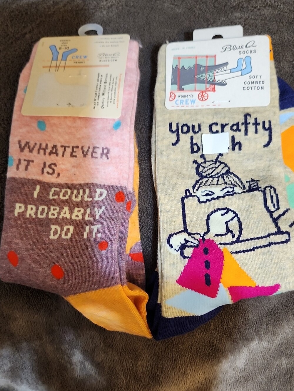 Blue Q Novelty Crew Socks - Pink, Cream & Multi, Lot Of 2 Pair Size W5-10